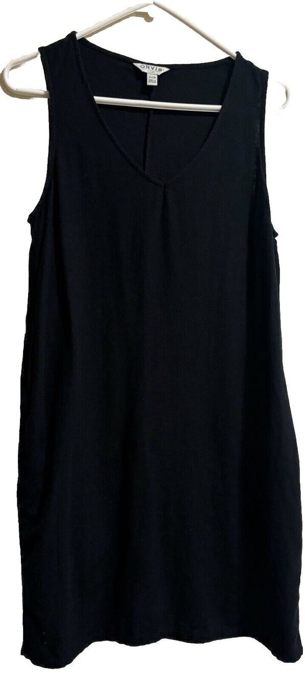 Orvis Midi Dress Linen Blend Black Modest Boho Lagenlook Prairie Women’s Size S